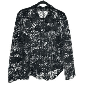 Lafei Nier Womens S Crochet Sheer Button Up Shirt Black Long Sleeve Floral Goth